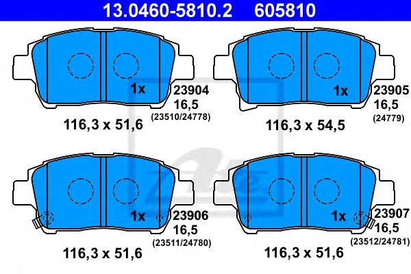 set placute frana,frana disc TOYOTA COROLLA/IQ/PRIUS/YARIS 1,0-1,6 VVTI 99- 116,3 X 51,6/54,5 X 16,5